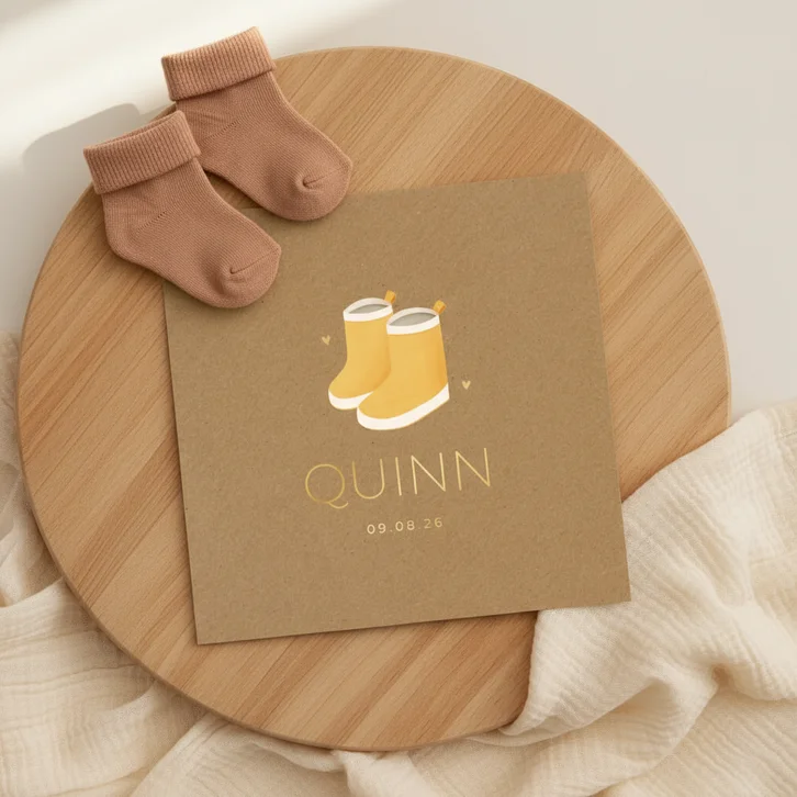 Geboortekaartje kraftlook met gele laarsjes