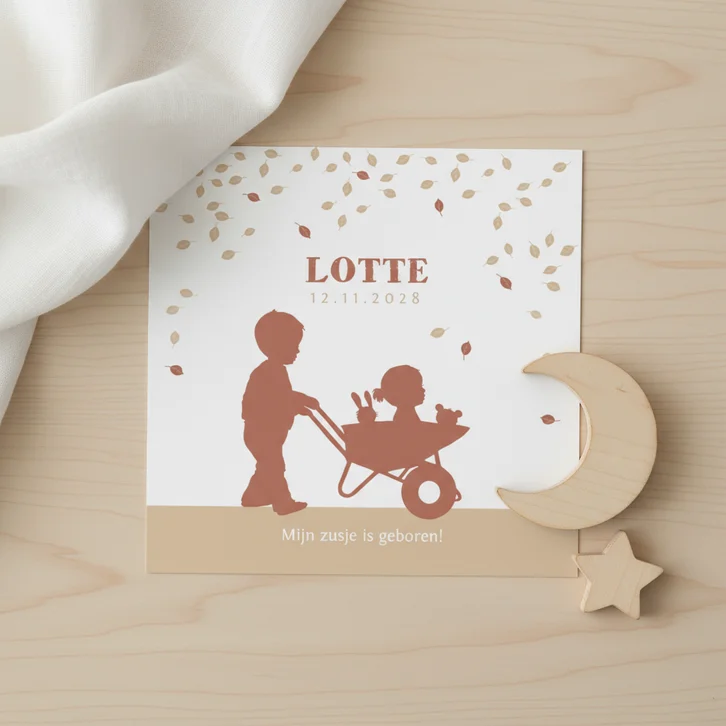 Geboortekaartje kruiwagen met zusje in kraftkleur