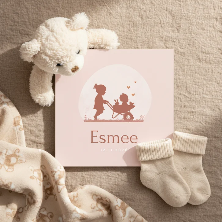 Geboortekaartje kruiwagen met zusjes in kraftkleur