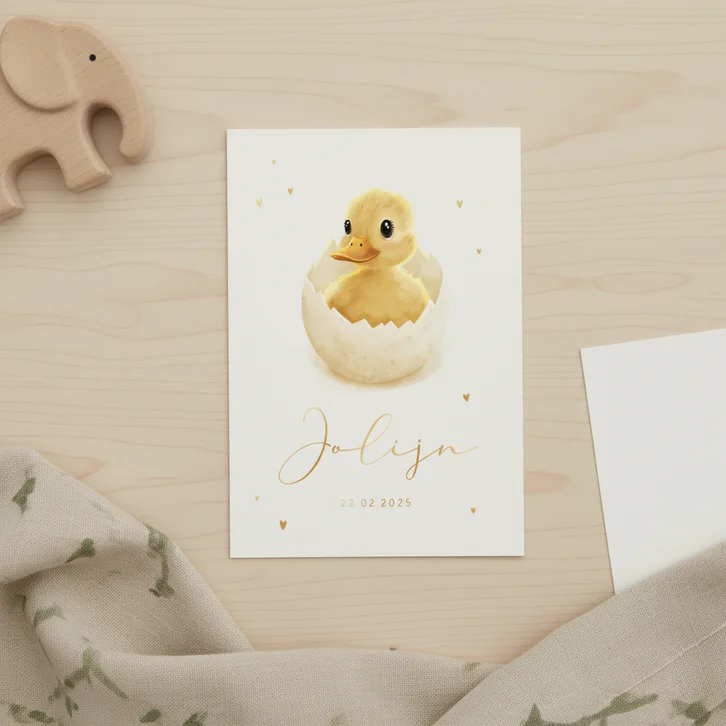 Geboortekaartje kuikentje in ei met goudfolie hartjes