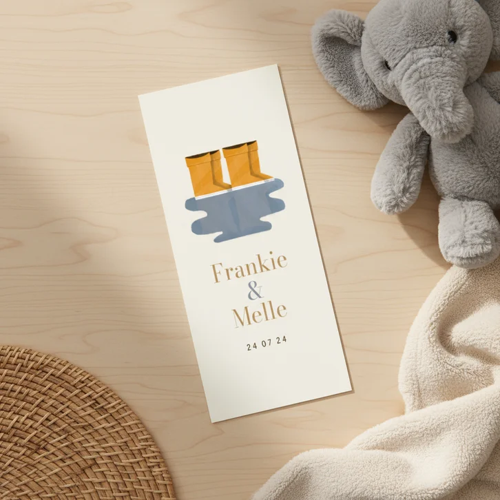 Geboortekaartje laarsjes in regenplas tweeling