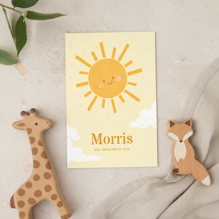 Geboortekaartje lachend zonnetje tussen wolkjes
