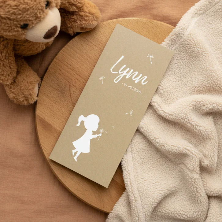 Geboortekaartje langwerpig silhouet meisje met paardebloem