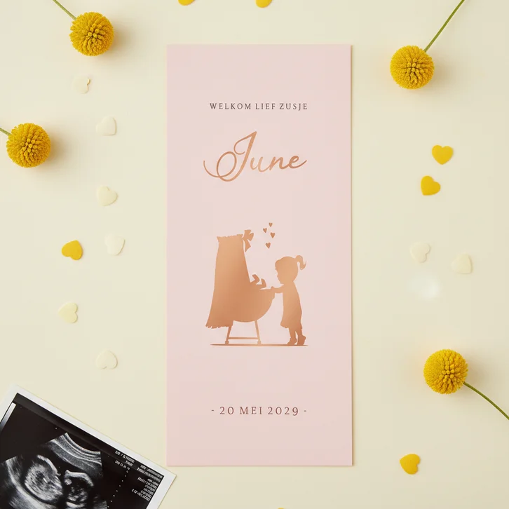 Geboortekaartje langwerpig wieg met zusje
