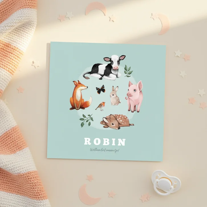 Geboortekaartje lente dieren vos varken koe konijn hert