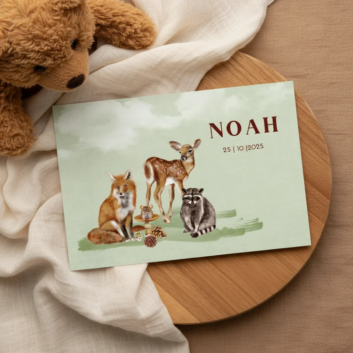 Geboortekaartje leuke bosdieren 