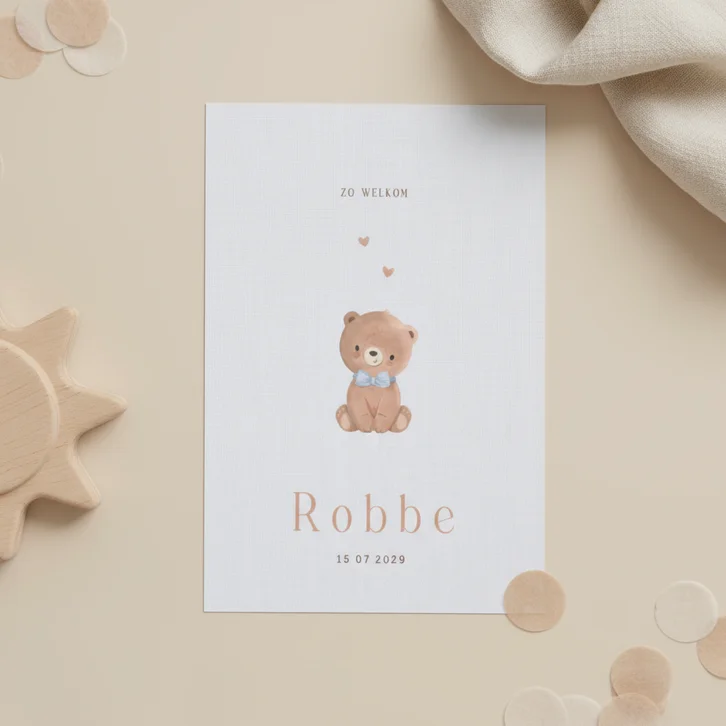 Geboortekaartje lief beertje met blauwe strikje 