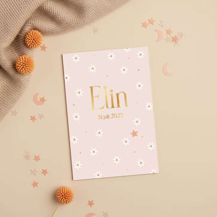 Geboortekaartje lief bloemetjes goud stipjes stijlvol