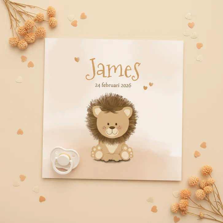 Geboortekaartje lief leeuwtje in zachte beige tinten