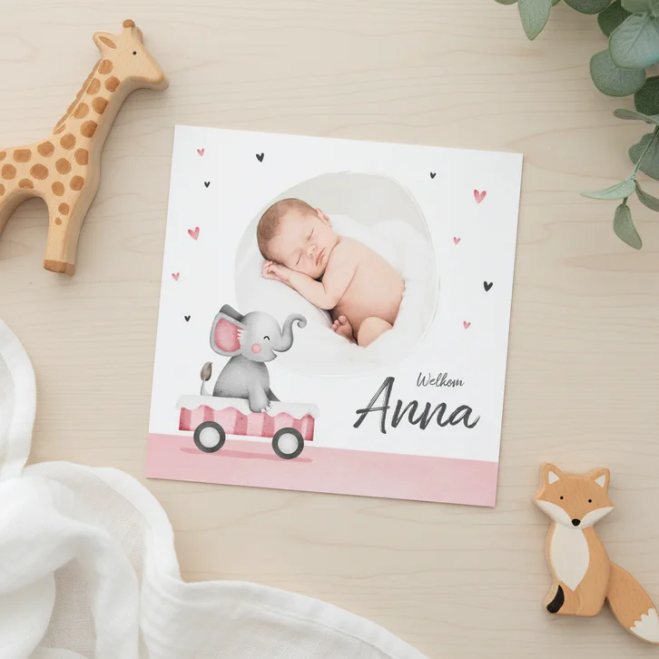 Geboortekaartje lief meisje olifant foto hartjes