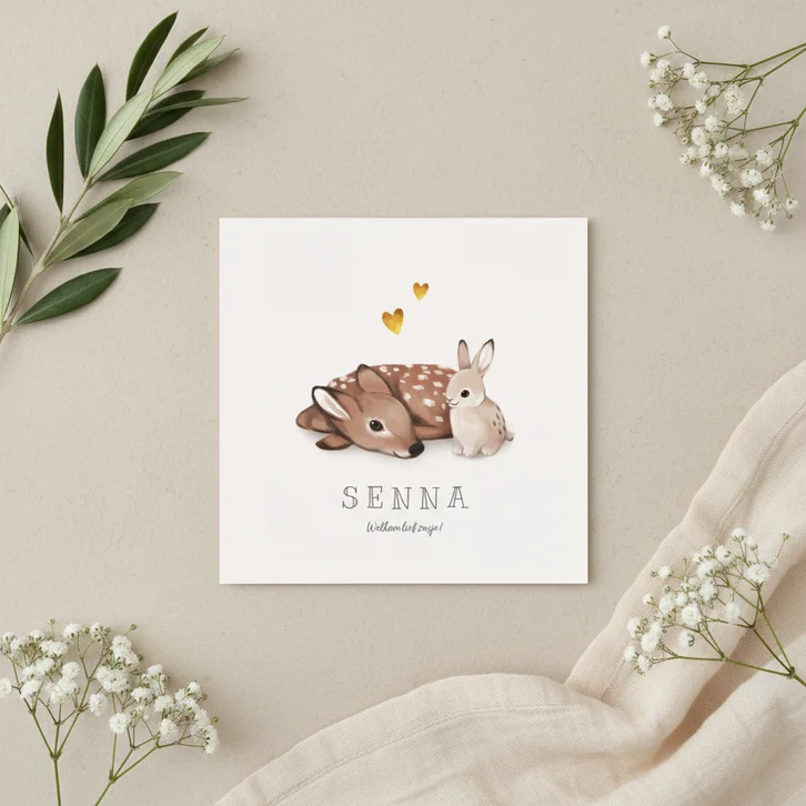 Geboortekaartje lief met konijn en hert voor broertje/zusje