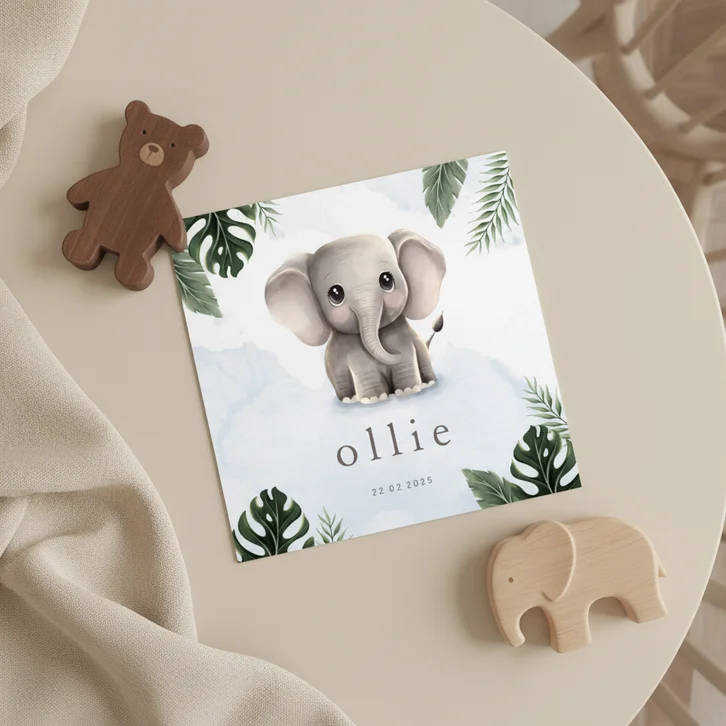 Geboortekaartje lief olifantje blauw jungle thema
