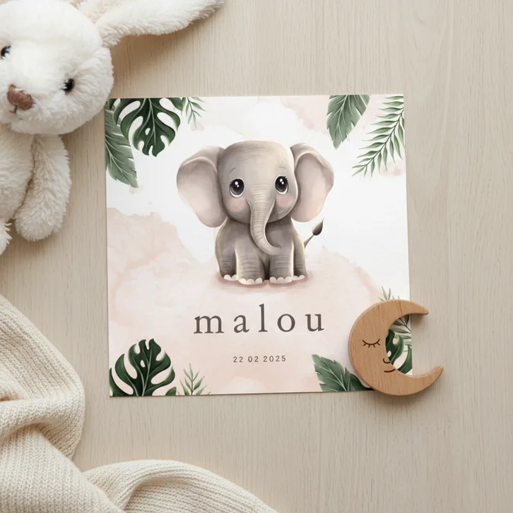 Geboortekaartje lief olifantje roze jungle thema
