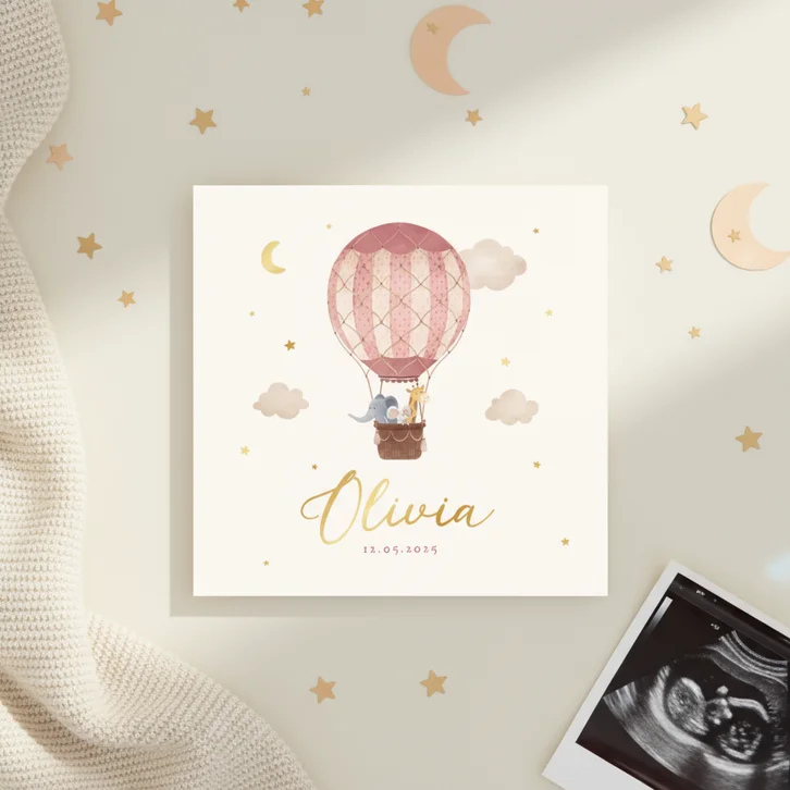 Geboortekaartje lief roze dieren luchtballon vintage sterren