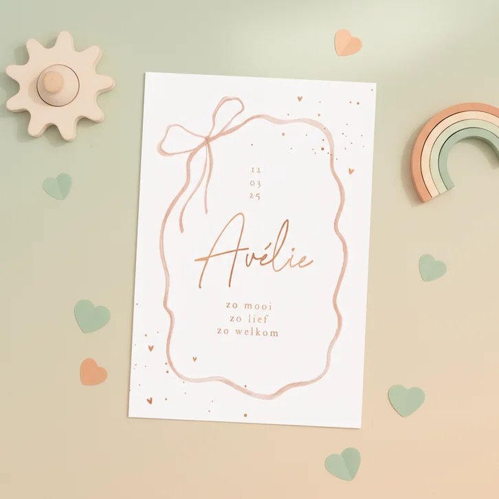 Geboortekaartje lief strikje magisch hartjes stijlvol