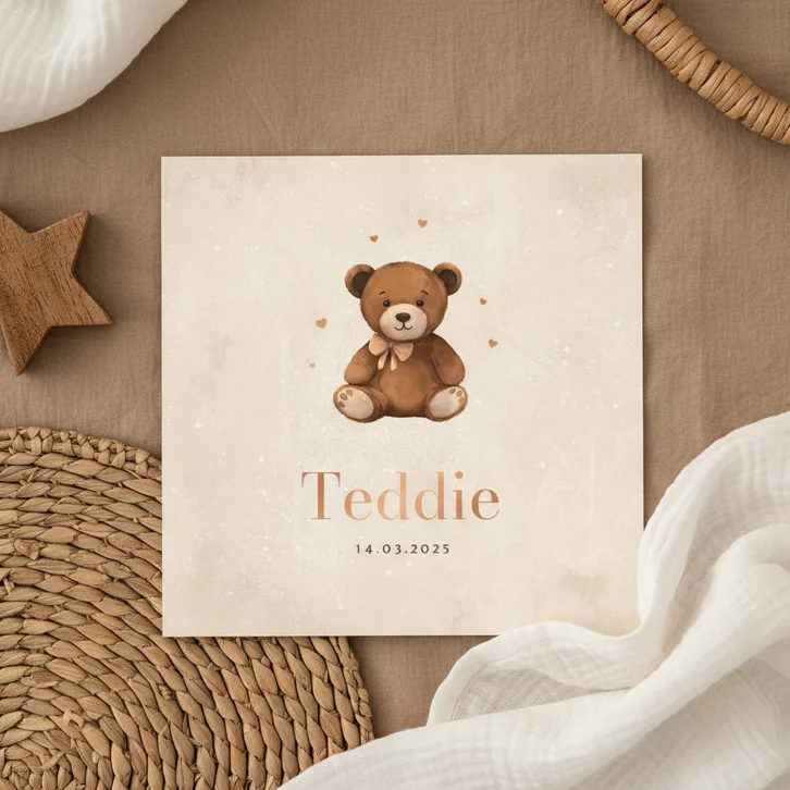 Geboortekaartje lief teddybeertje hartjes neutraal koper