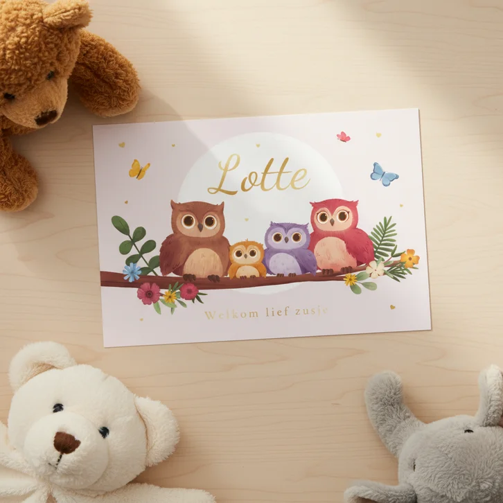 Geboortekaartje lief uiltjes zusje familie boom vlinders