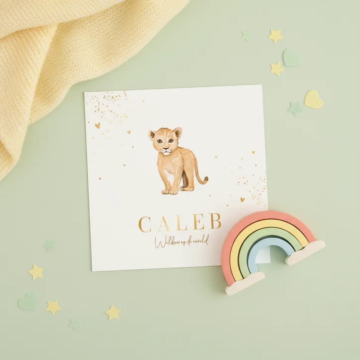 Geboortekaartje lief unisex leeuw welpje hartjes goud