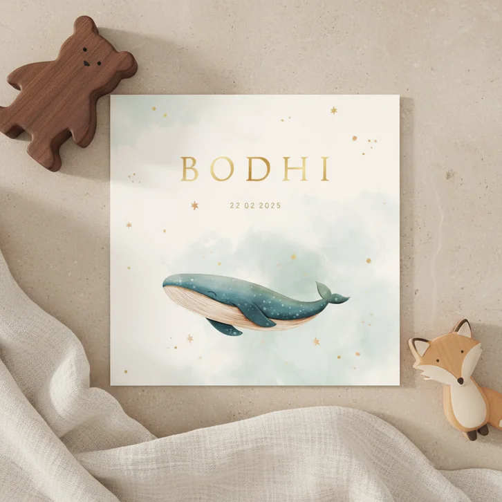 Geboortekaartje lief walvisje blauwe waterverf met sterren