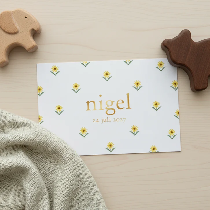 Geboortekaartje lief zonnebloemen goudfolie minimalistisch