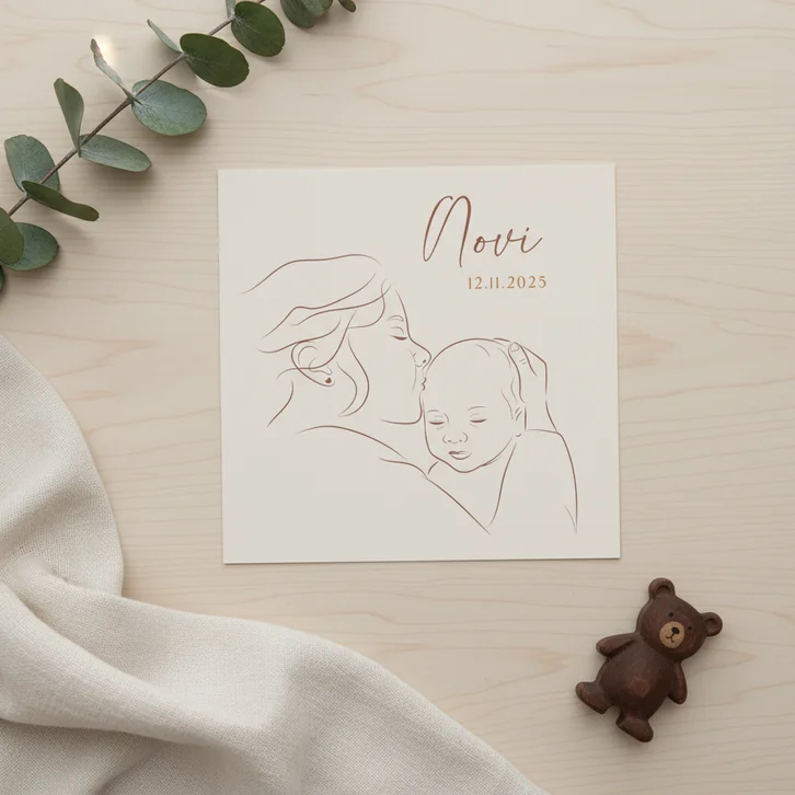 Geboortekaartje liefdevolle lijntekening moeder met baby