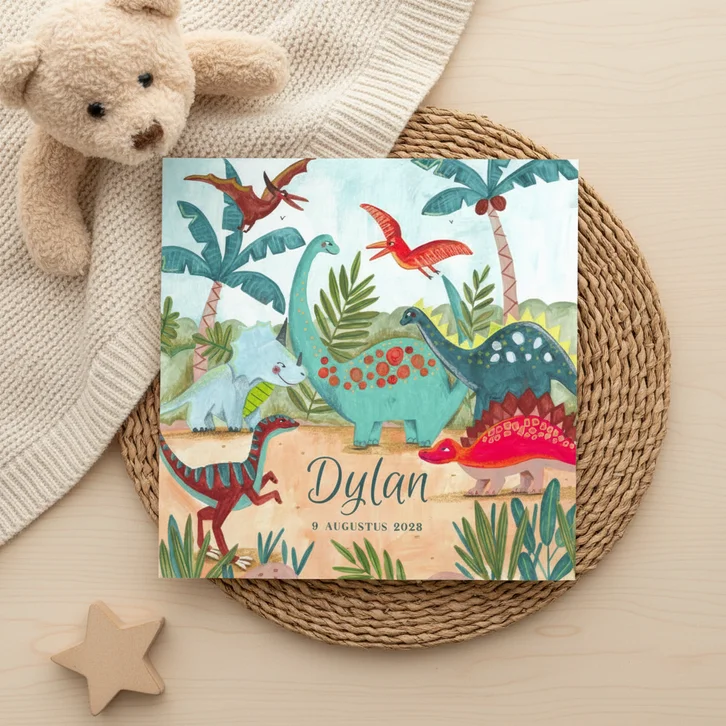 Geboortekaartje lieve dinosaurus in Dinoland