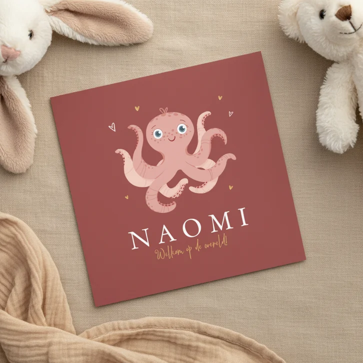 Geboortekaartje lieve octopus roze hartjes goud 