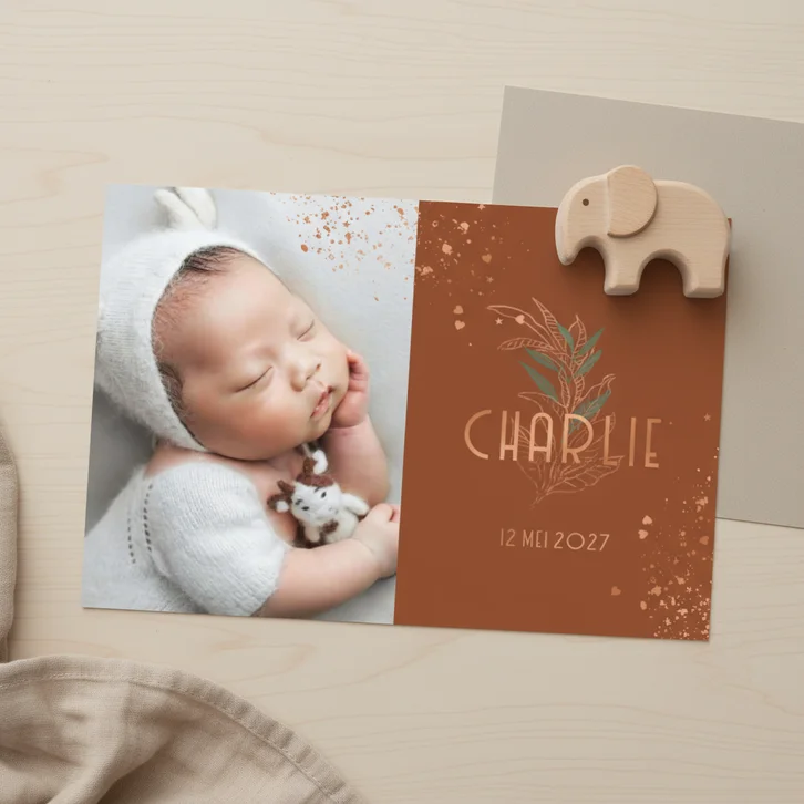 Geboortekaartje lijnillustratie botanisch koperfolie hartjes