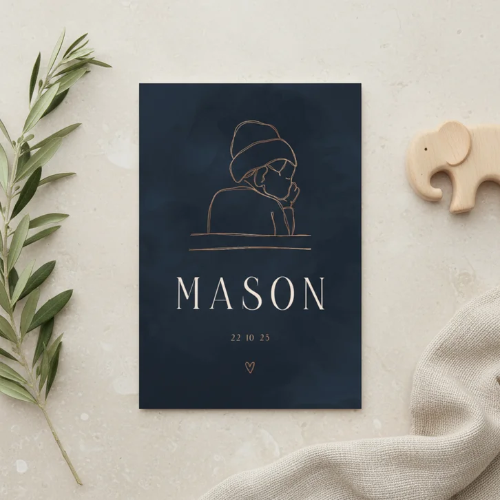 Geboortekaartje lijntekening met blauwe waterverfachtergrond