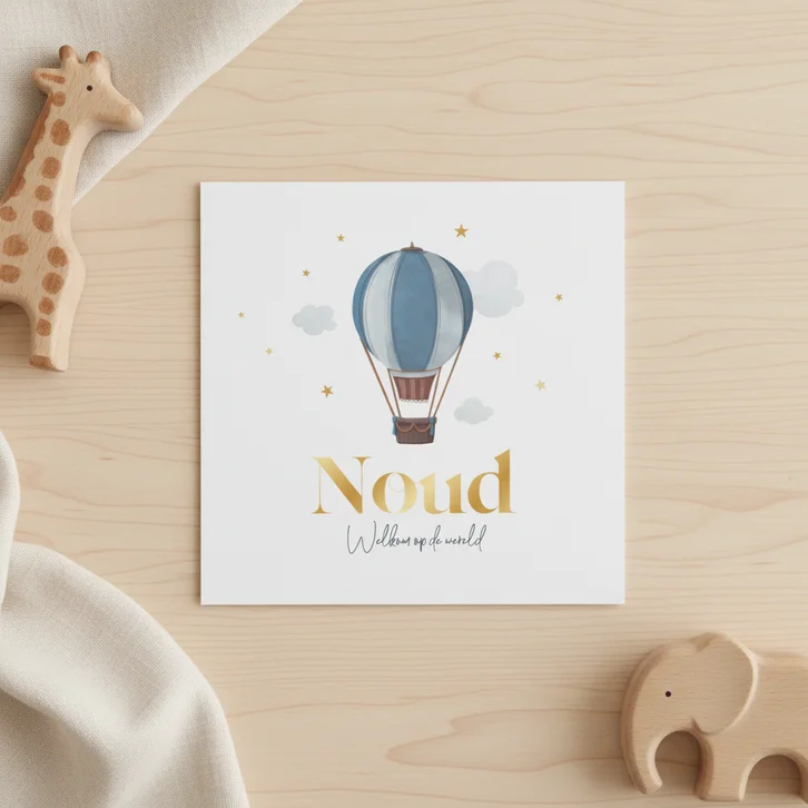 Geboortekaartje luchtballon jongen vintage hip wolkjes ster