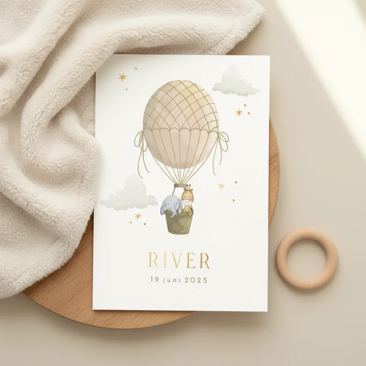 Geboortekaartje luchtballon met wolken en olifant en giraf
