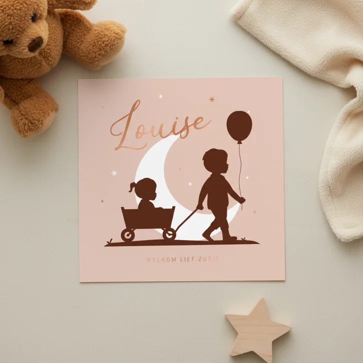 Geboortekaartje maan bolderkar sterren silhouet
