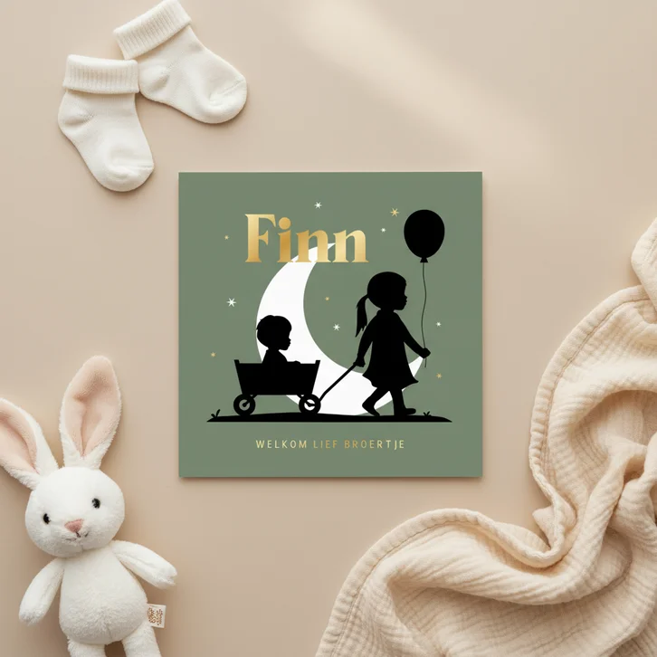 Geboortekaartje maan bolderkar zus silhouet