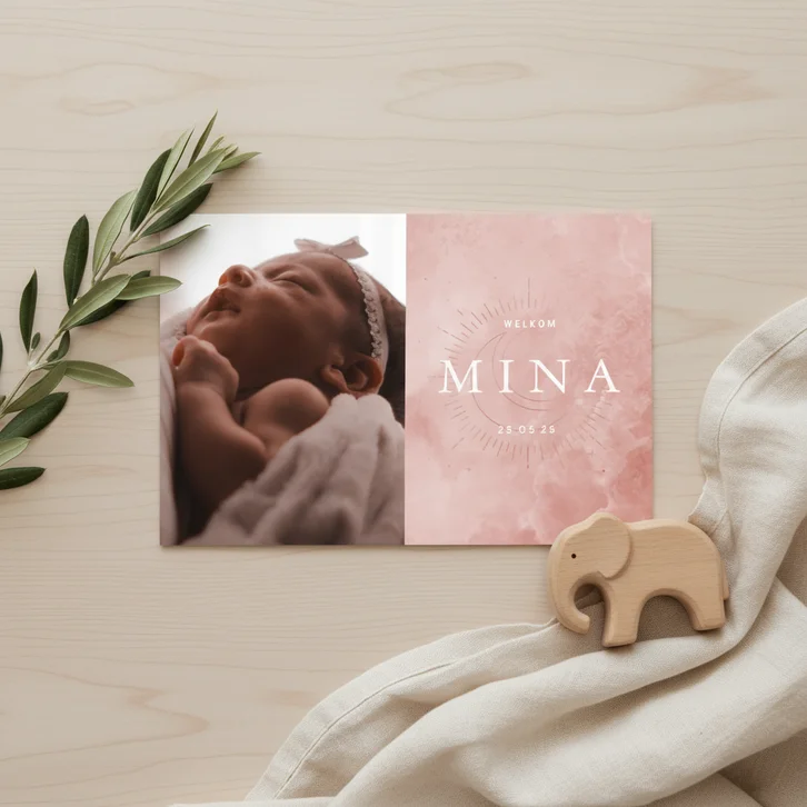 Geboortekaartje maan en zon met foto en wolkjes