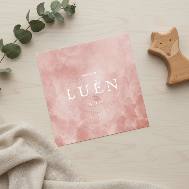 Geboortekaartje maan en zon met waterverf wolkjes