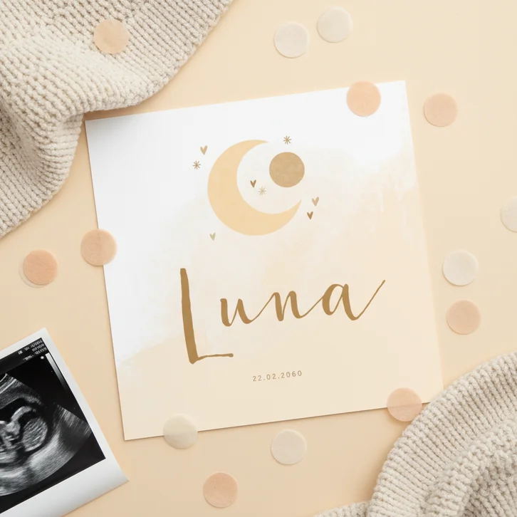 Geboortekaartje maan naturel met waterverf