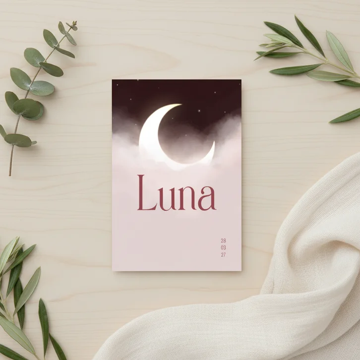 Geboortekaartje maan tussen wolken en sterren rood