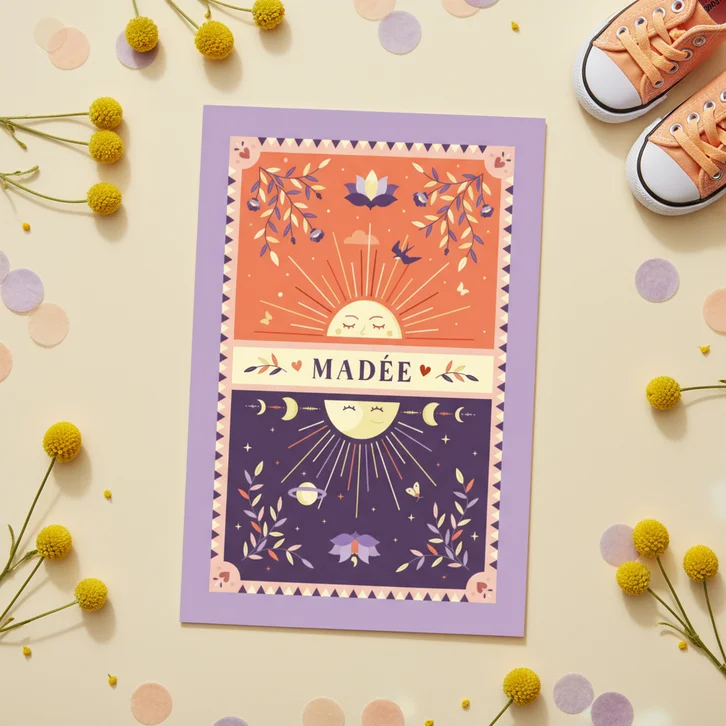 Geboortekaartje meisje astrologie met zon & maan symboliek