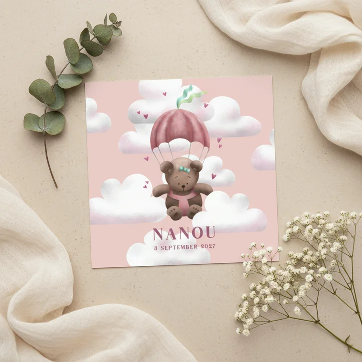 Geboortekaartje meisje beer met parachute