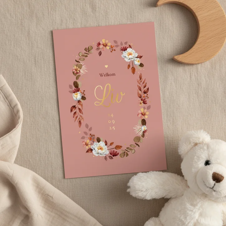 Geboortekaartje meisje bloemen klassiek oudroze goud hartjes