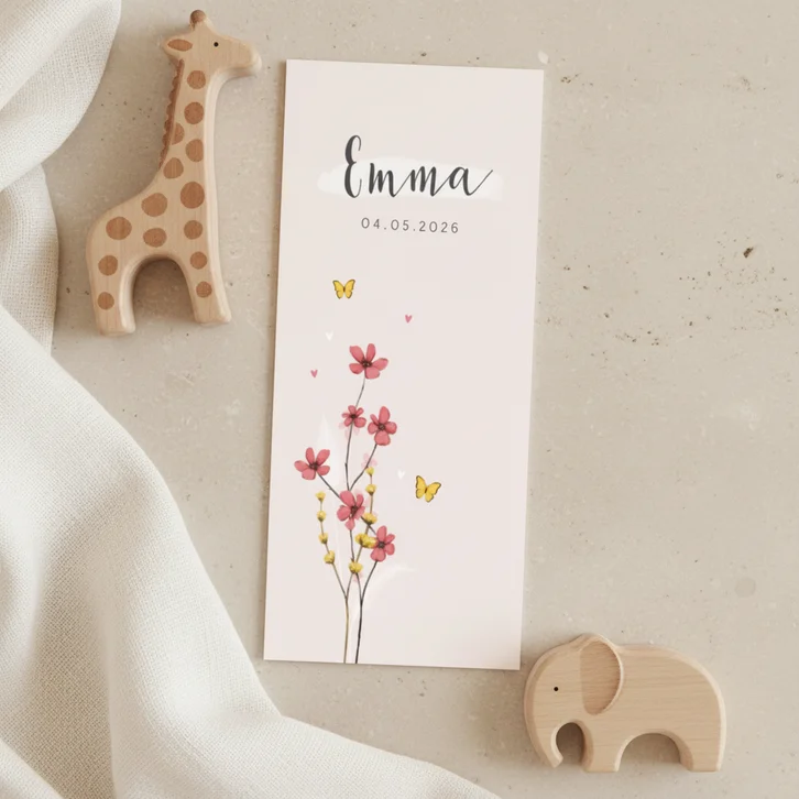Geboortekaartje meisje bloemen lief hartjes bloemen vlinder