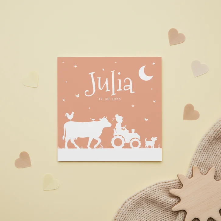 Geboortekaartje meisje boerderij tractor dieren silhouet