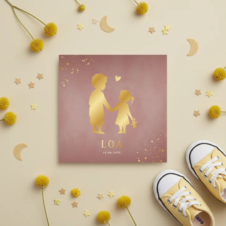 Geboortekaartje meisje broer & zusje silhouet in goudfolie