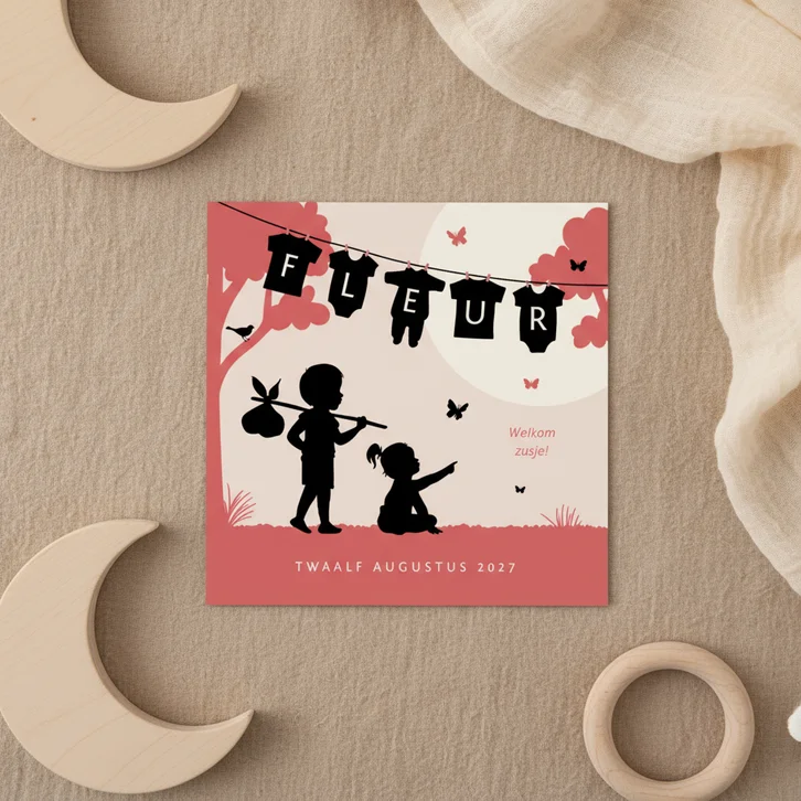 Geboortekaartje meisje broertje zusje silhouet waslijn
