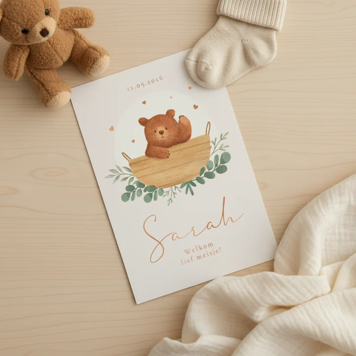Geboortekaartje meisje dieren beertje mandje koper lief