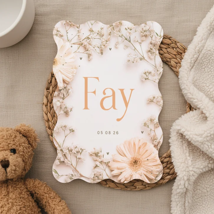 Geboortekaartje meisje gipskruid golfrand gerbera zalmroze