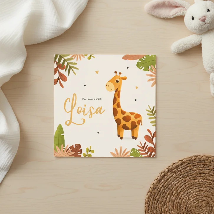 Geboortekaartje meisje giraf illustratie jungle hartjes