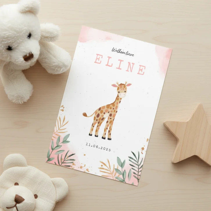 Geboortekaartje meisje giraf waterverf botanisch