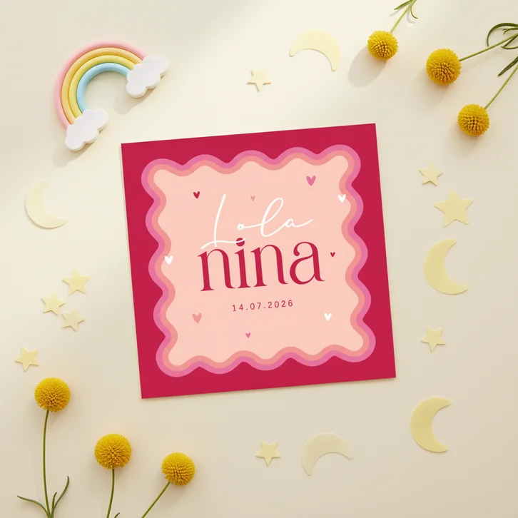 Geboortekaartje meisje groovy roze hartjes origineel