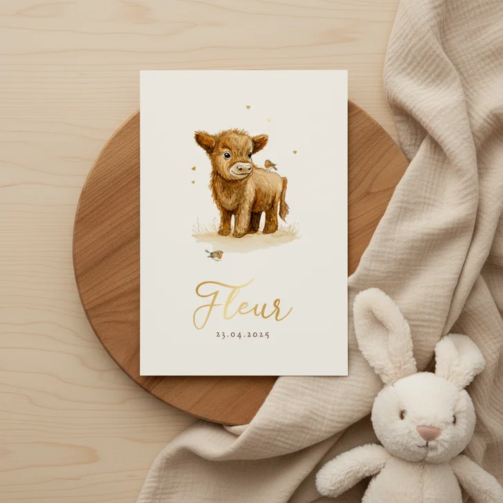 Geboortekaartje meisje kalfje schattig vogeltjes waterverf